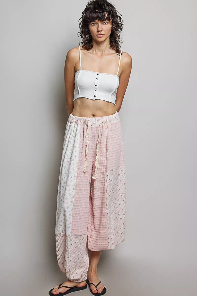 Pink patchwork mixed knit wide-leg pants from Trendsi with a relaxed fit and stylish design.