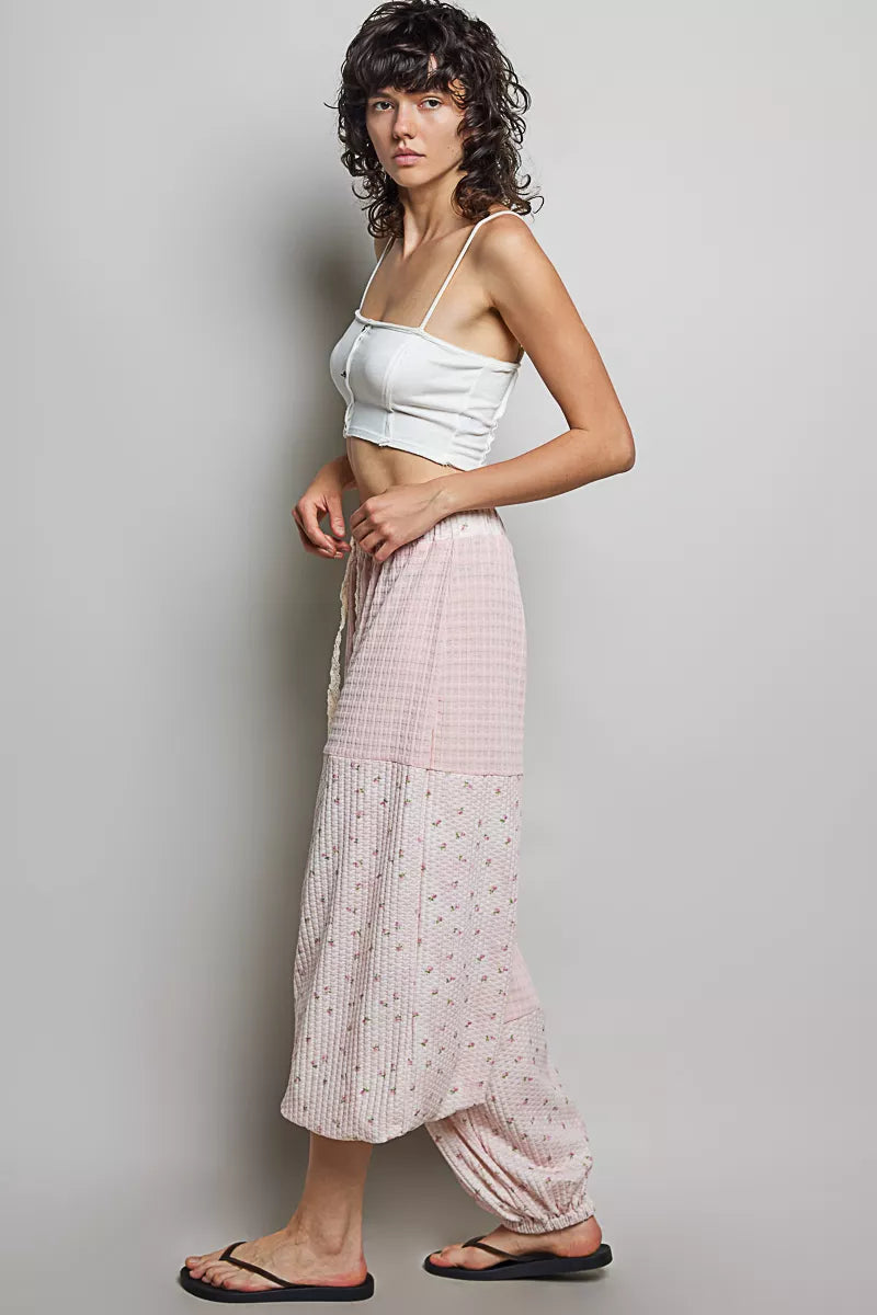 Pink patchwork mixed knit wide-leg pants by Trendsi, featuring a relaxed fit and stylish design.
