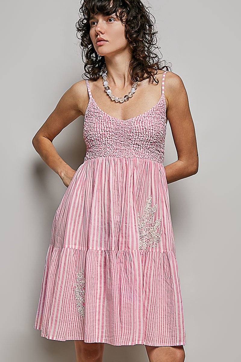 Pink and multi-colored POL striped smocked embroidered mini dress by Trendsi, featuring a fitted bodice and playful pattern.