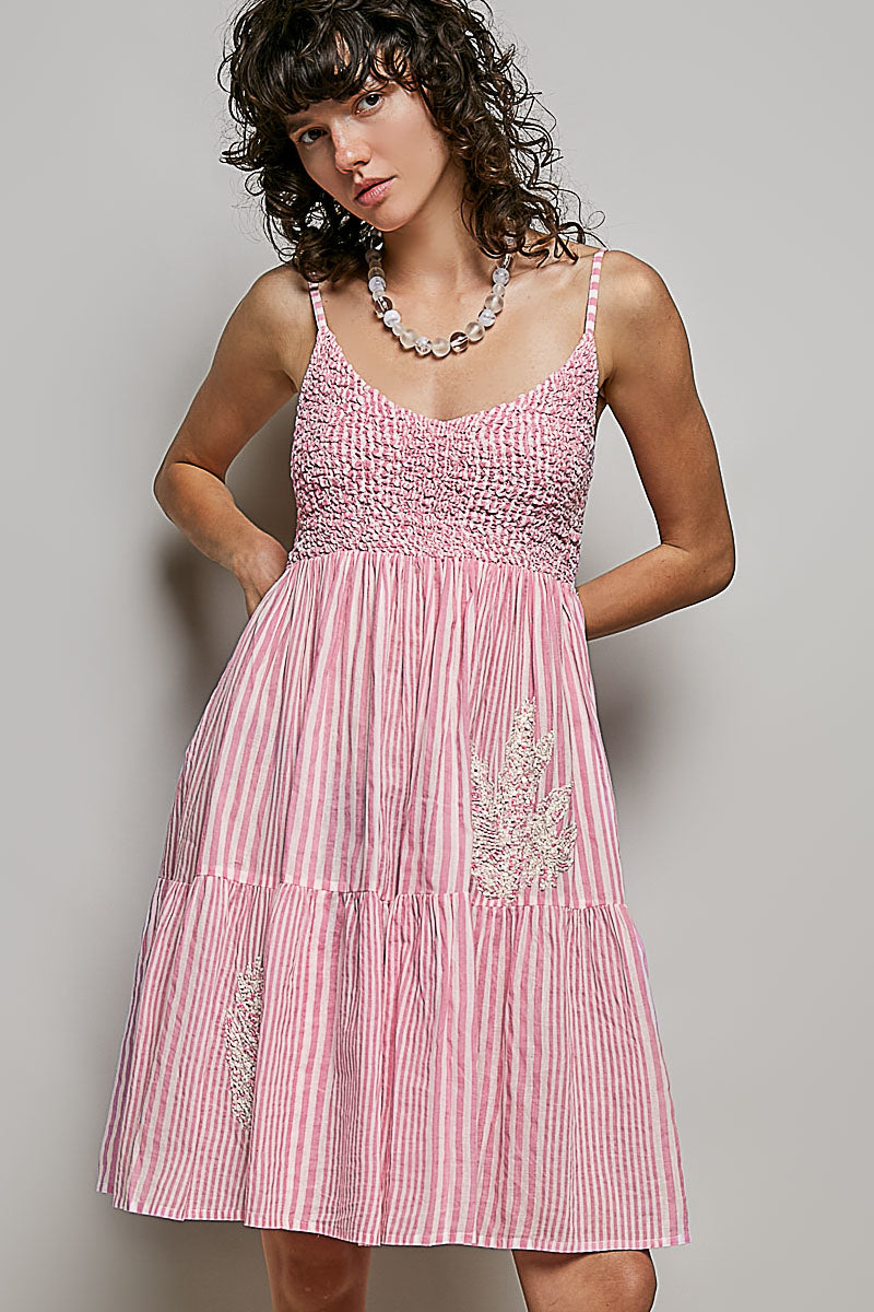 Pink multi-colored POL striped smocked embroidered mini dress by Trendsi, featuring a fitted bodice and playful pattern.