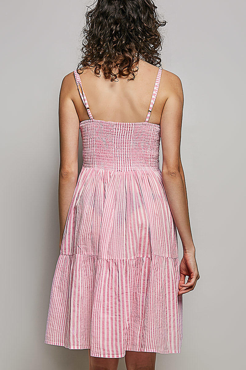 Pink and multi-colored POL striped smocked embroidered mini dress by Trendsi featuring a fitted bodice and playful pattern.
