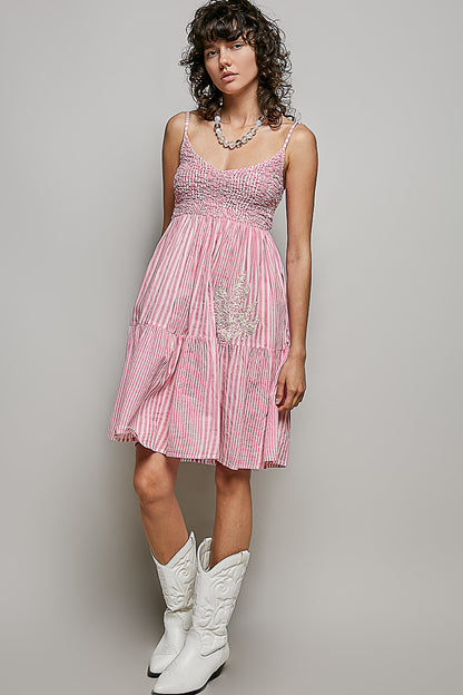 Pink multi-color POL striped smocked embroidered mini dress by Trendsi, featuring a fitted bodice and playful pattern.