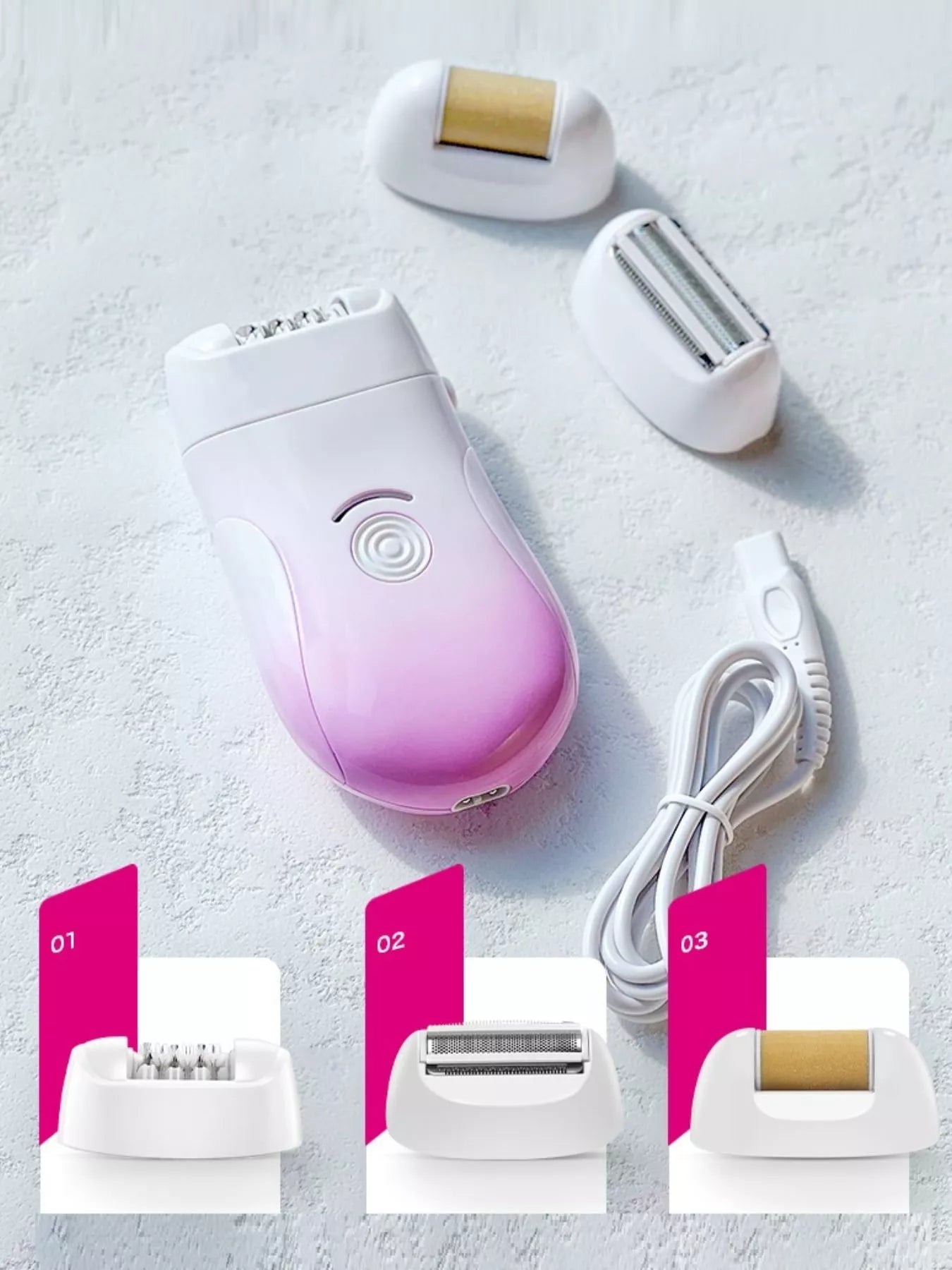Pink 3-in-1 portable hair removal device by Trendsi with adjustable attachments for easy, at-home hair removal.