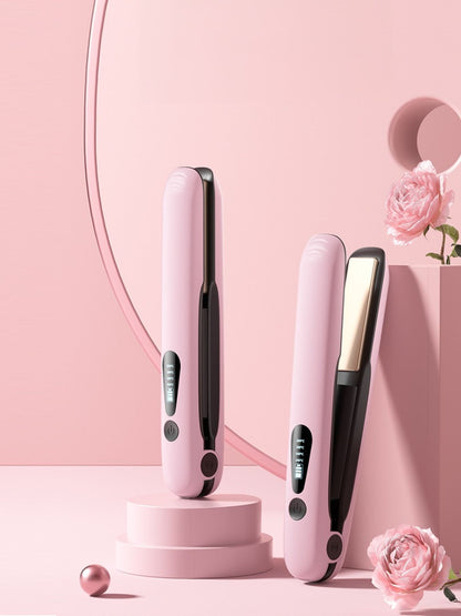 Pink portable cordless hair straightener by Trendsi, compact design with ceramic plates for quick styling on the go.