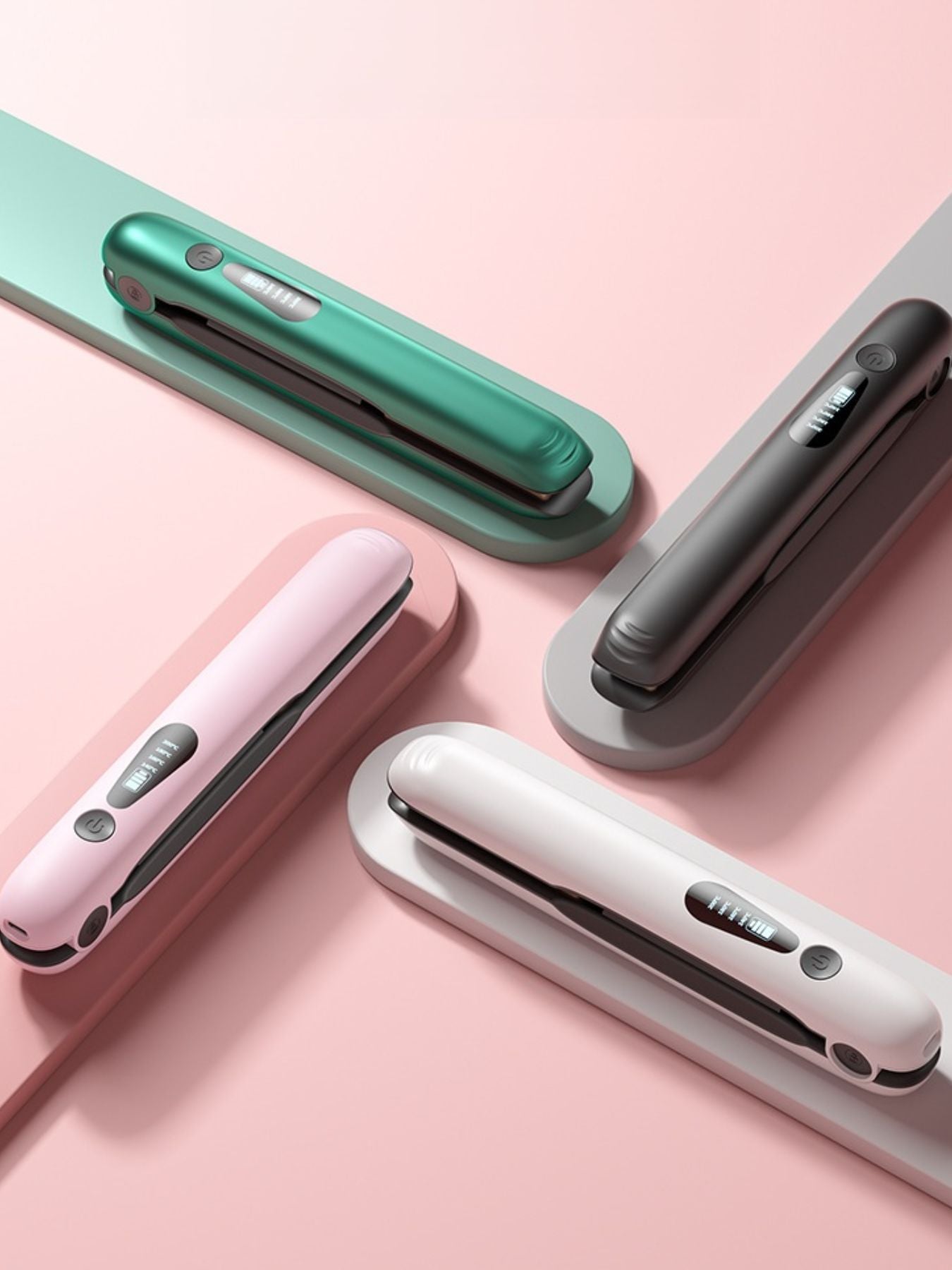 Trendsi portable cordless hair straightener in pink, compact design with ceramic plates for quick styling on the go.