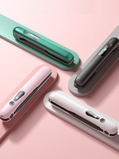 Trendsi portable cordless hair straightener in pink, compact design with ceramic plates for quick styling on the go.