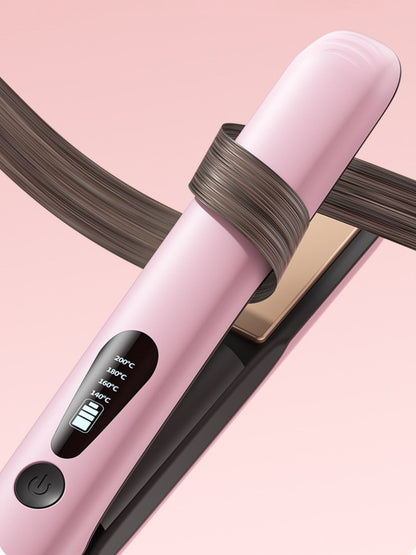 Pink portable cordless hair straightener by Trendsi, compact design ideal for on-the-go styling.