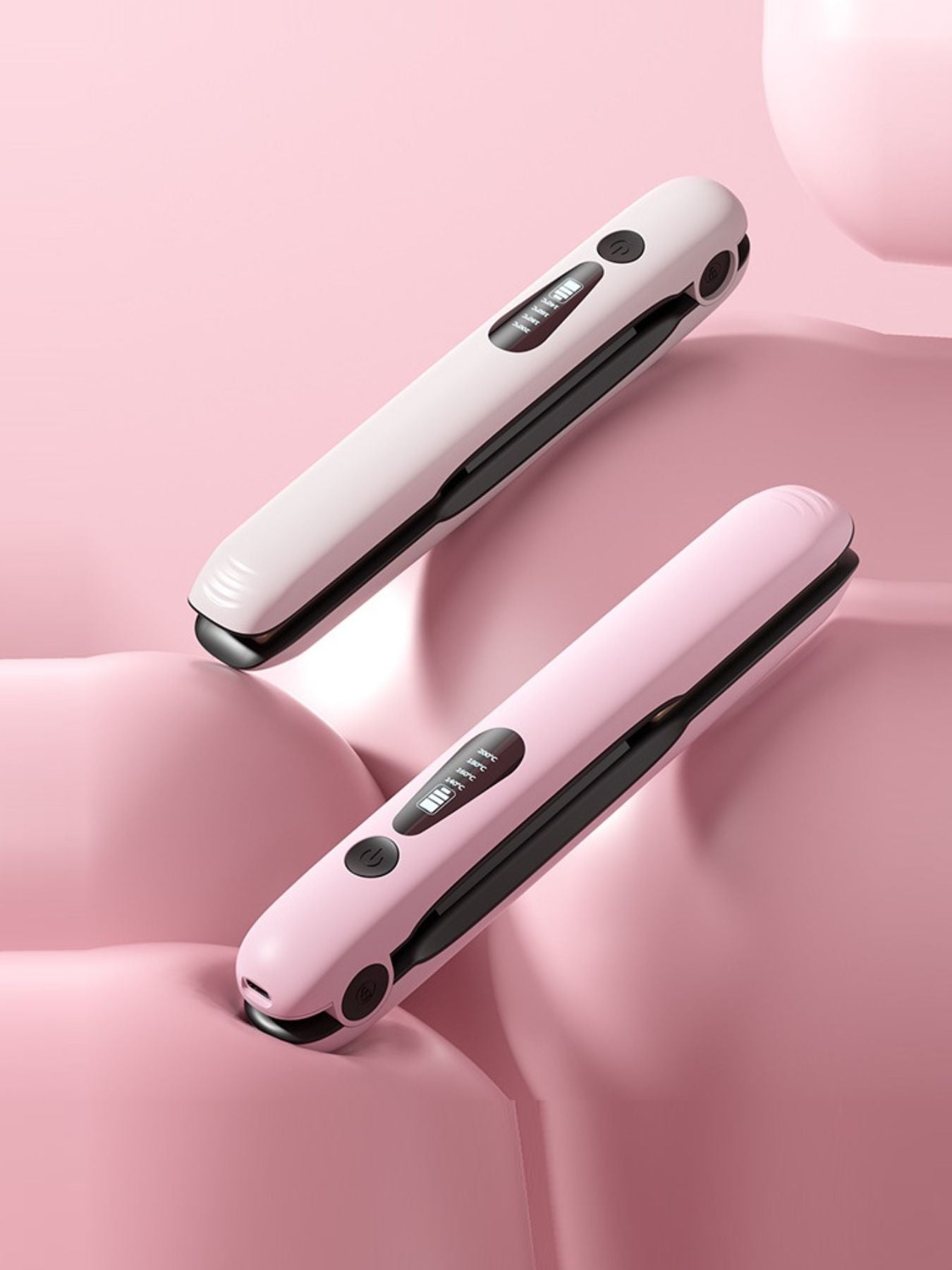 Pink portable cordless hair straightener by Trendsi, compact design with ceramic plates for quick styling on the go.