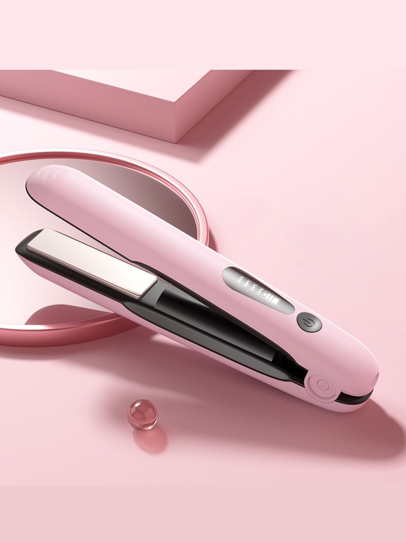 Pink portable cordless hair straightener by Trendsi, compact design with ceramic plates for quick styling on the go.
