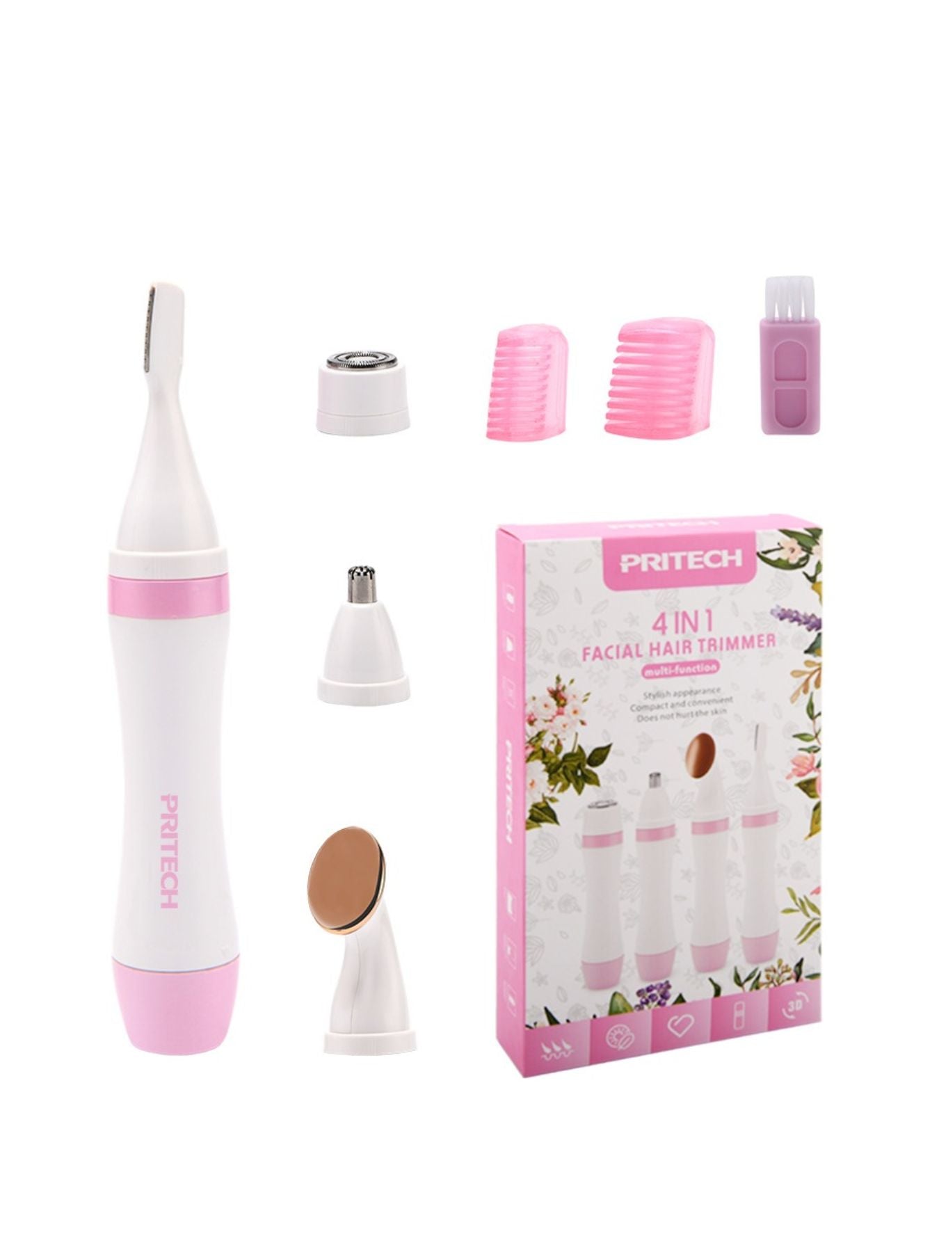 Pink 4-in-1 nose hair trimmer by Trendsi with multiple attachments for grooming nose, ear, and facial hair.
