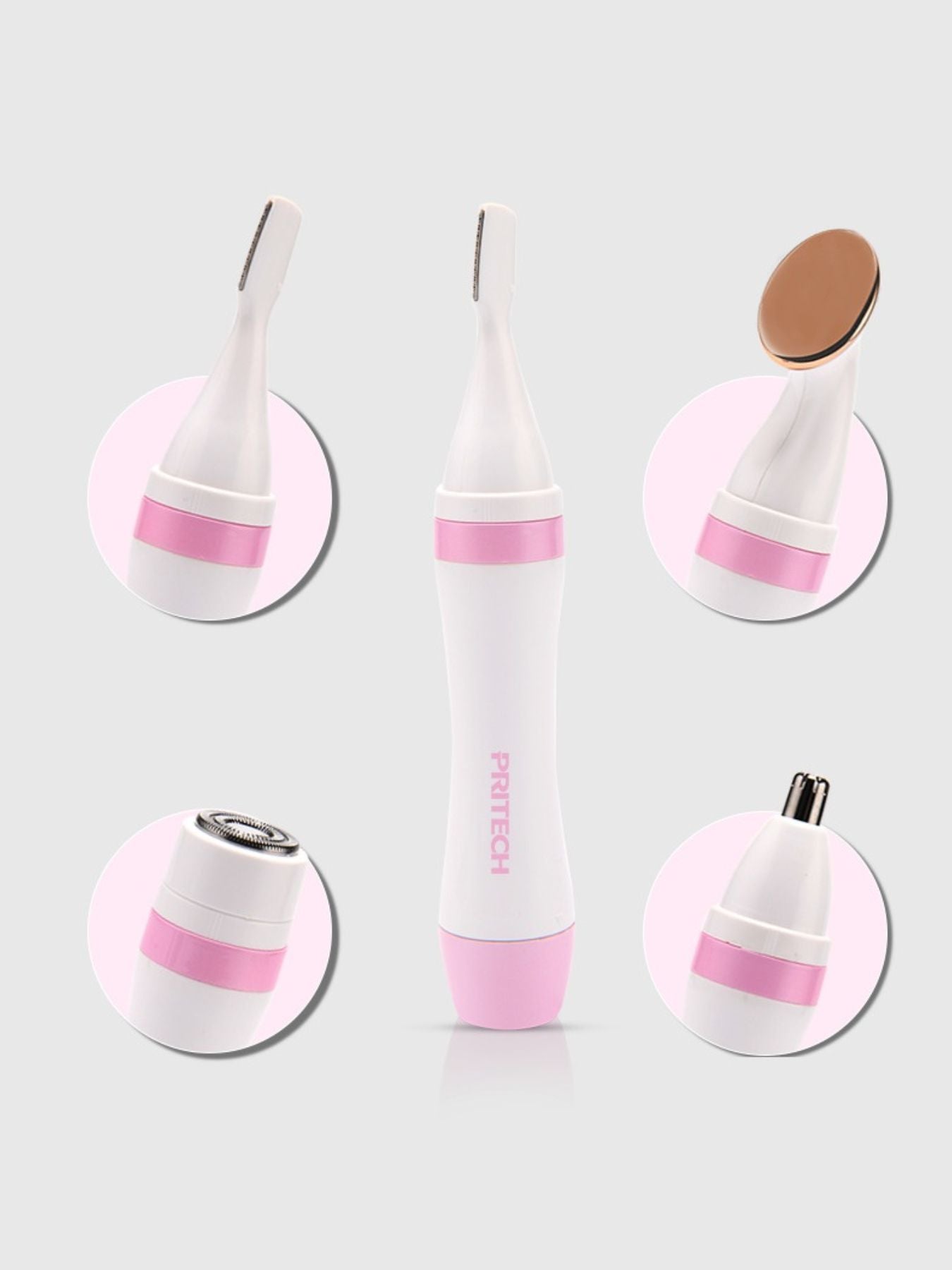 Pink 4-in-1 nose hair trimmer by Trendsi, compact device with multiple attachments for grooming nose, ear, and facial hair.