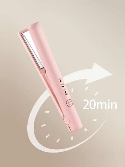 Pink cordless rechargeable mini hair straightener by Trendsi, compact and portable for quick styling.