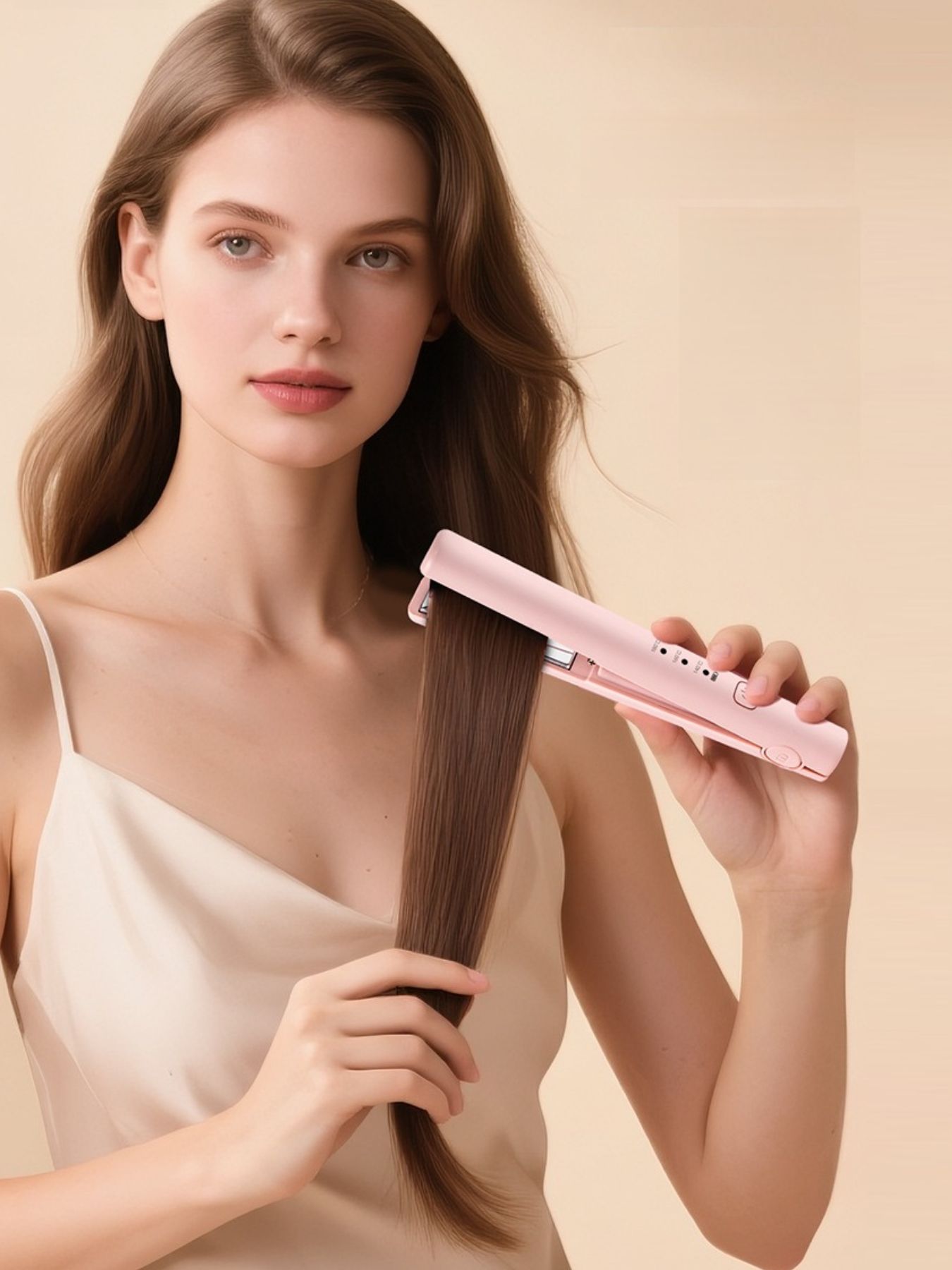 Pink Trendsi cordless rechargeable mini hair straightener with compact design and foldable handle for easy styling.