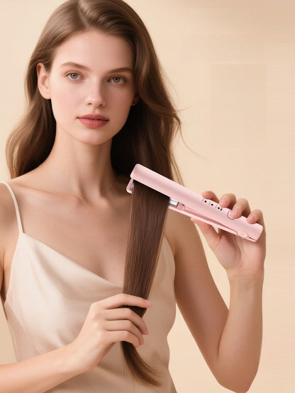 Pink Trendsi cordless rechargeable mini hair straightener with compact design and foldable handle for easy styling.