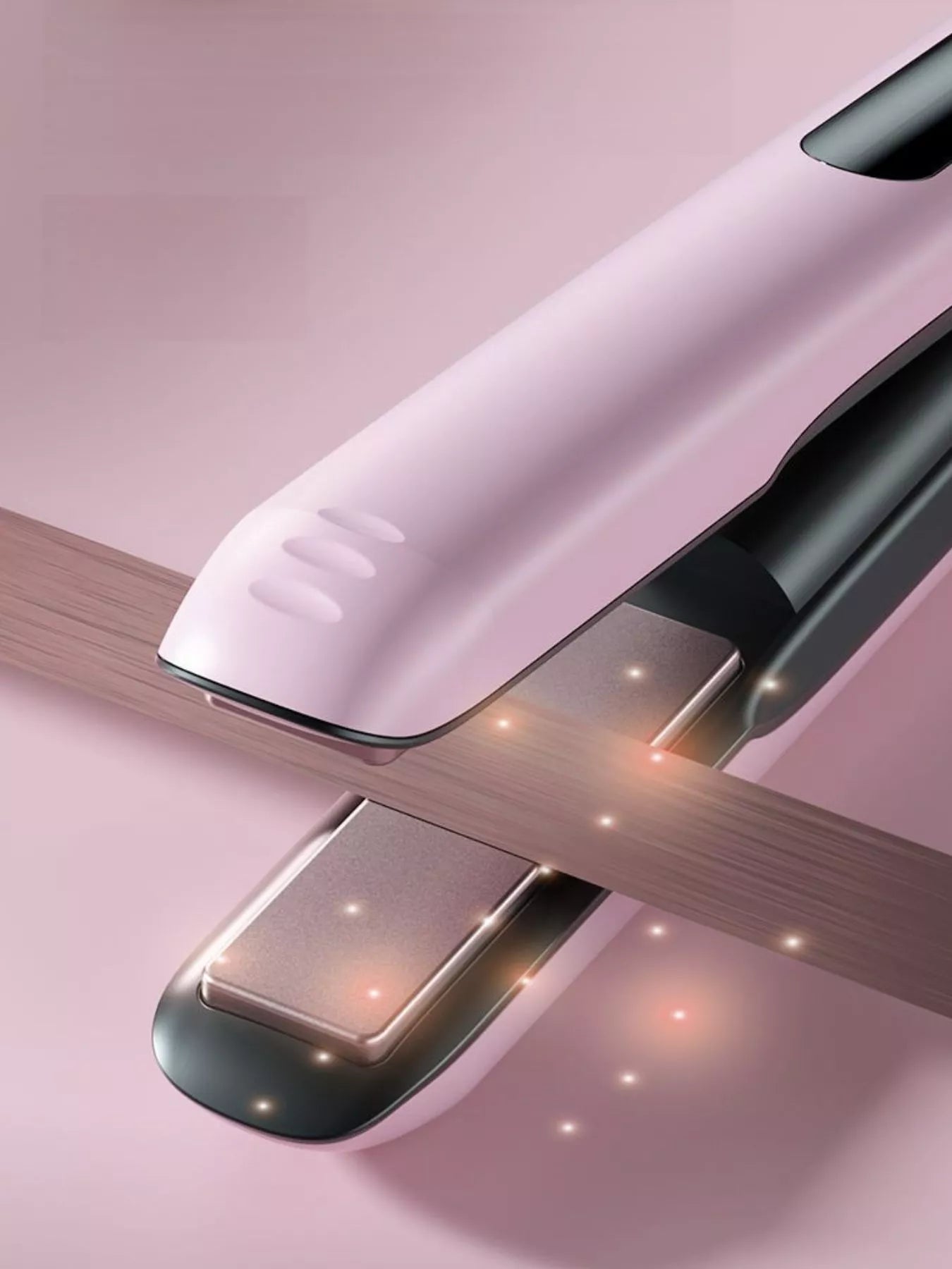 Pink Trendsi fast heating hair straightener with ceramic plates, sleek design, ideal for smooth, straight hair styling.
