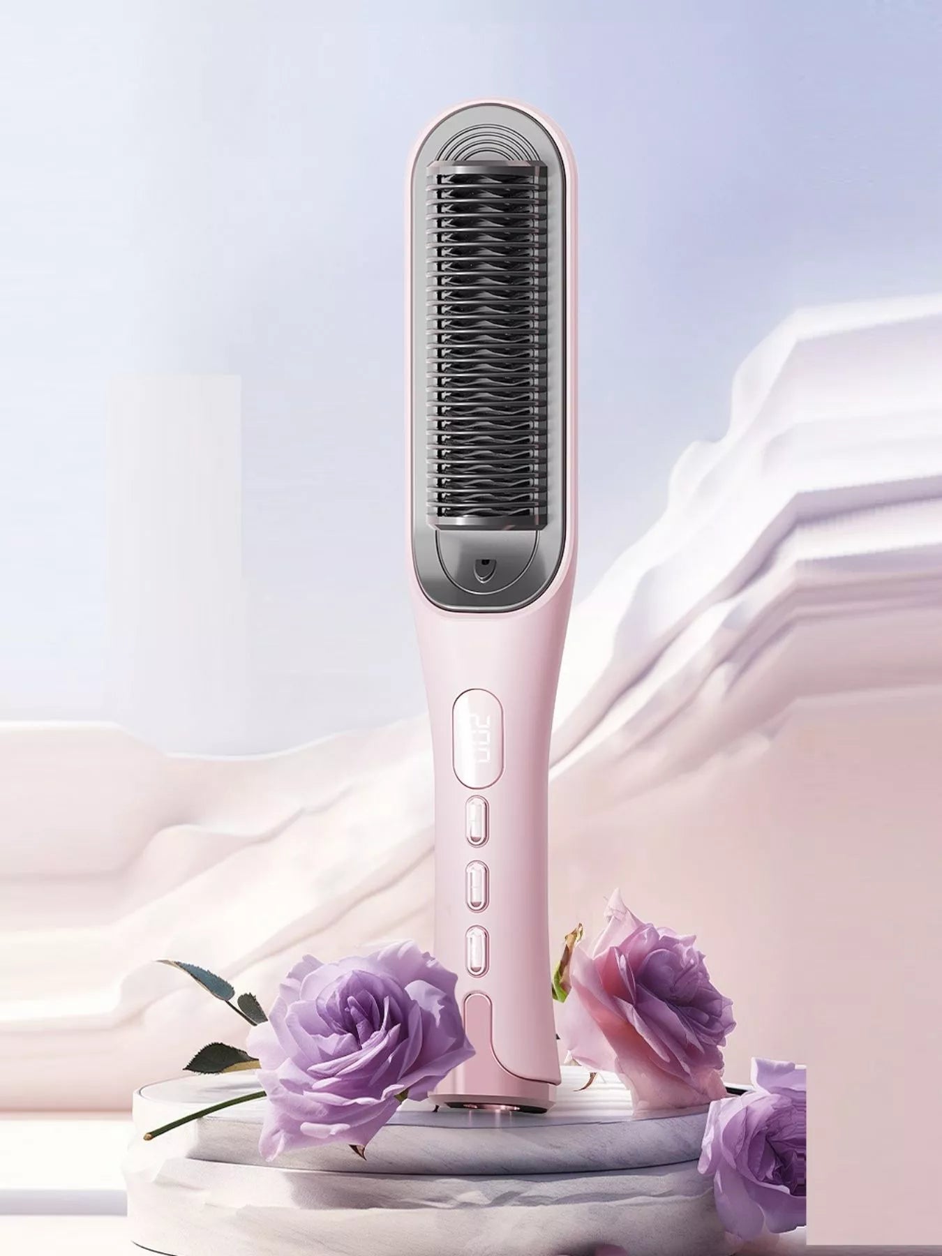 Pink Trendsi fast heating straightening comb with wide teeth for quick, smooth hair straightening and styling.
