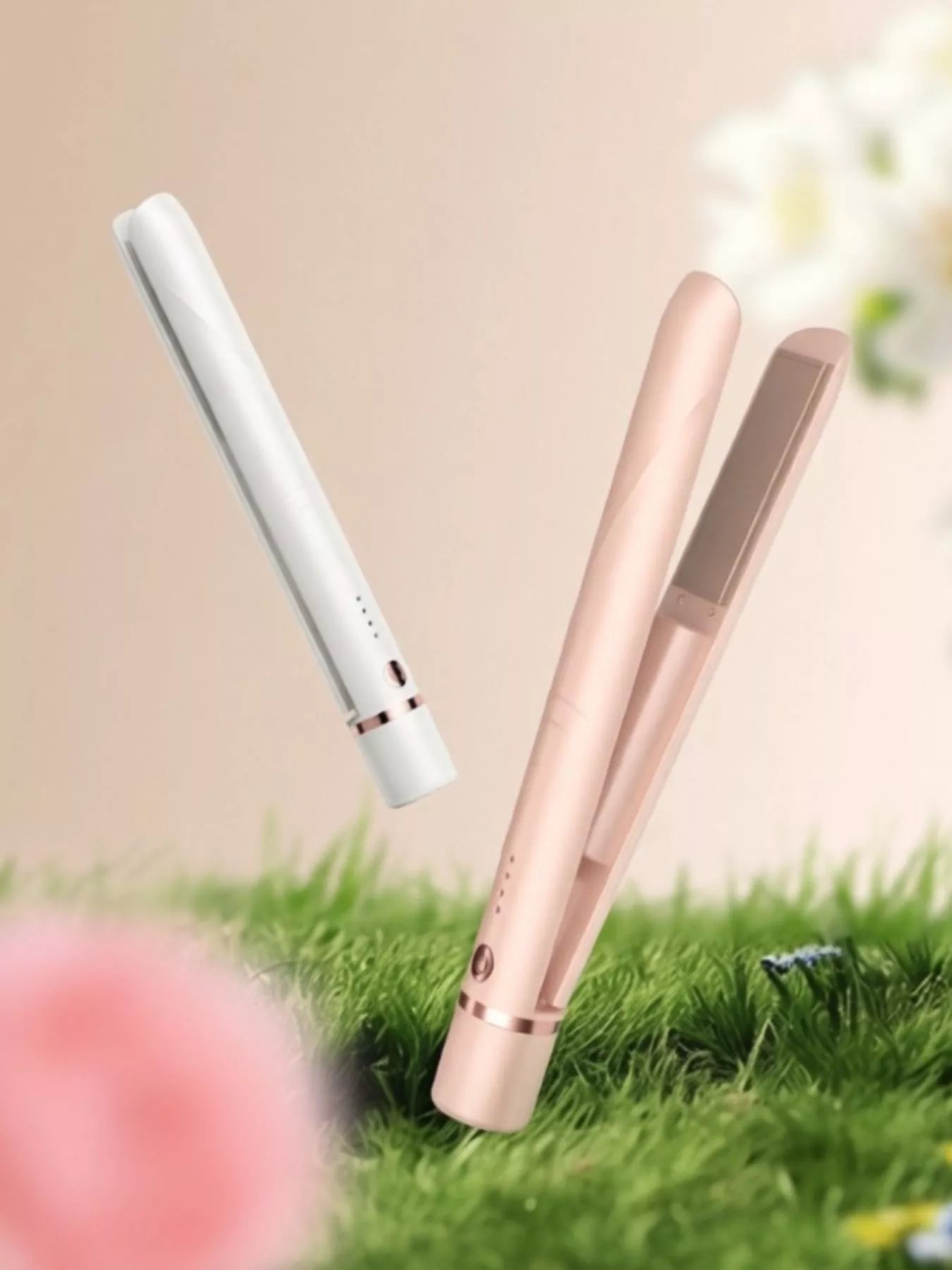 Pink portable hair straightener by Trendsi, compact styling tool with ceramic plates for easy on-the-go hair straightening.
