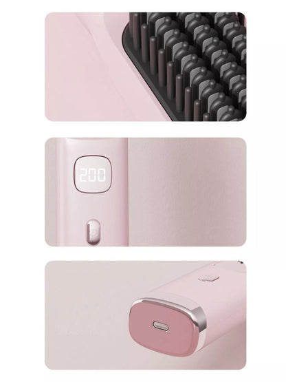 Pink portable heated hair straightening comb by Trendsi with ceramic plates and ergonomic handle for quick styling.