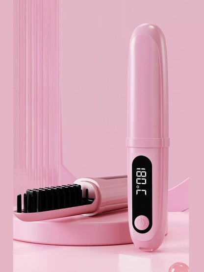 Pink portable heated straightening comb by Trendsi with a compact design, ideal for quick hair styling on the go.