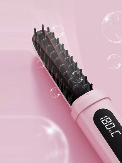 Pink portable heated straightening comb by Trendsi, compact design for easy styling and straightening of hair on the go.