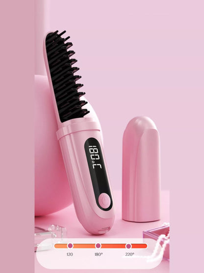 Pink portable heated straightening comb by Trendsi, compact design with heated teeth for quick hair styling and smoothing.