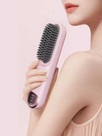 Pink portable heated straightening comb with temperature control from Trendsi, featuring a compact design for easy styling.