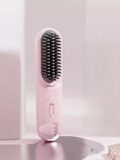 Pink portable heated straightening comb with adjustable temperature control, ideal for quick styling on the go.