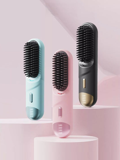 Pink portable heated straightening comb by Trendsi with temperature control for easy styling and straightening of hair.