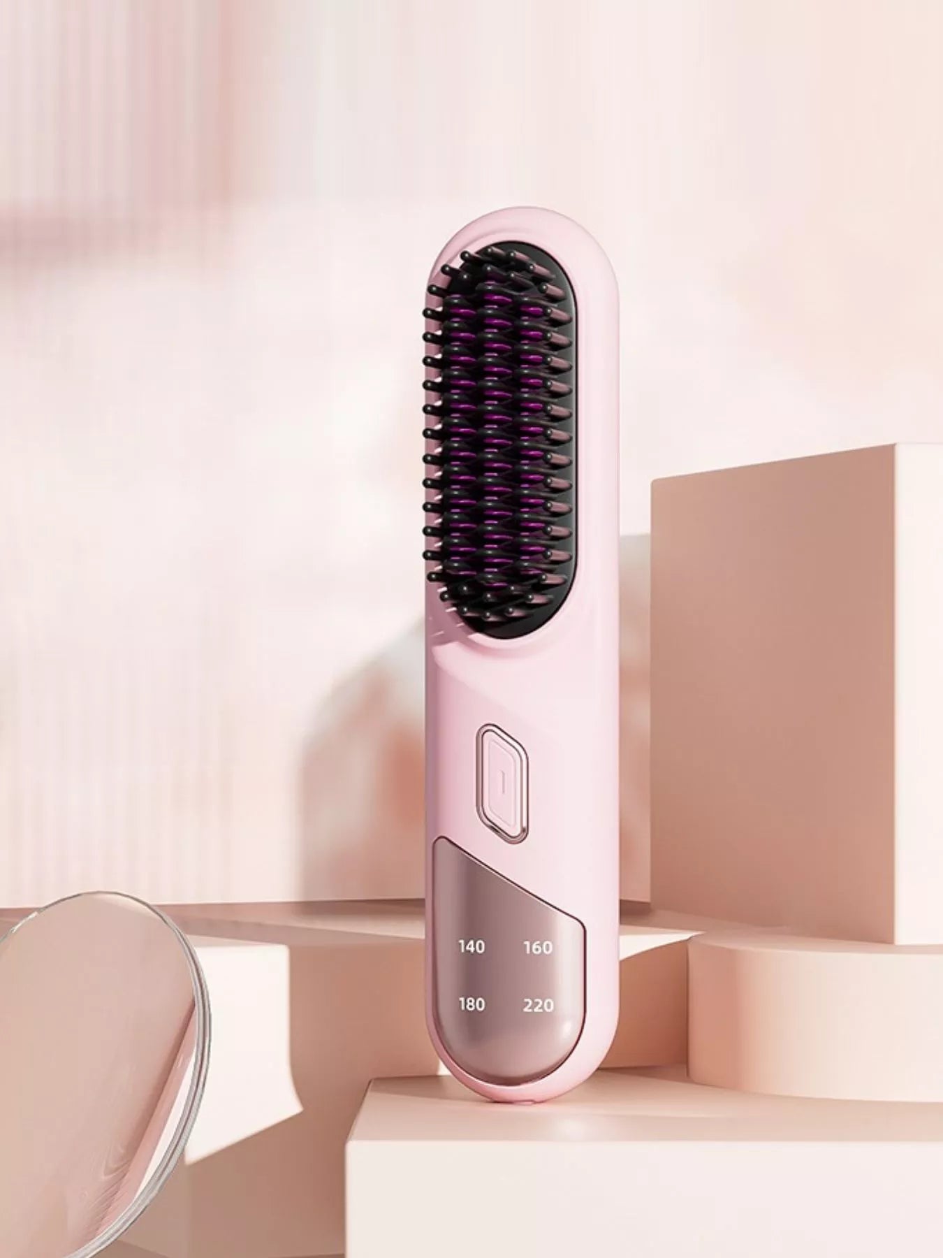 Pink portable heated straightening comb with temperature control from Trendsi, showing the comb's sleek design and adjustable settings.