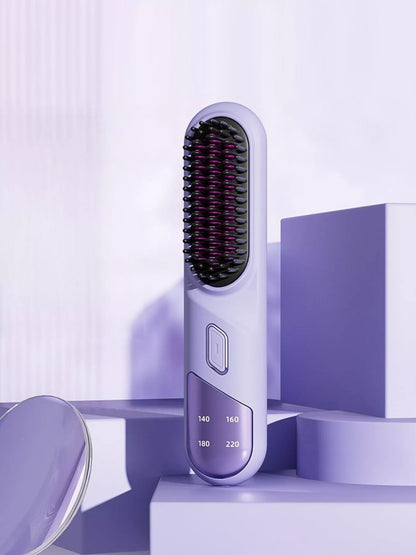 Pink portable heated straightening comb with temperature control, designed for easy hair styling on the go.