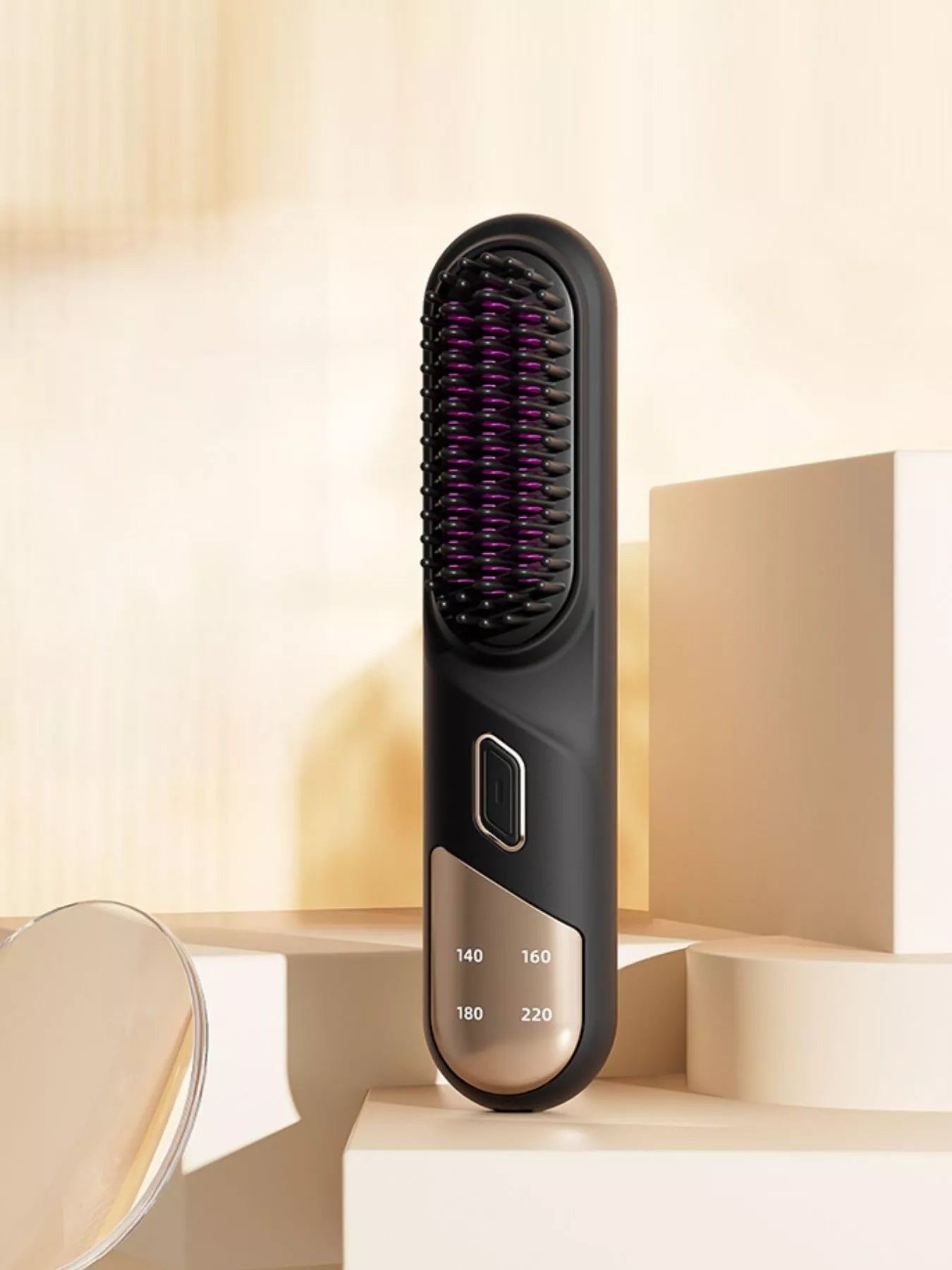Pink portable heated straightening comb with temperature control, ideal for quick hair styling on the go.
