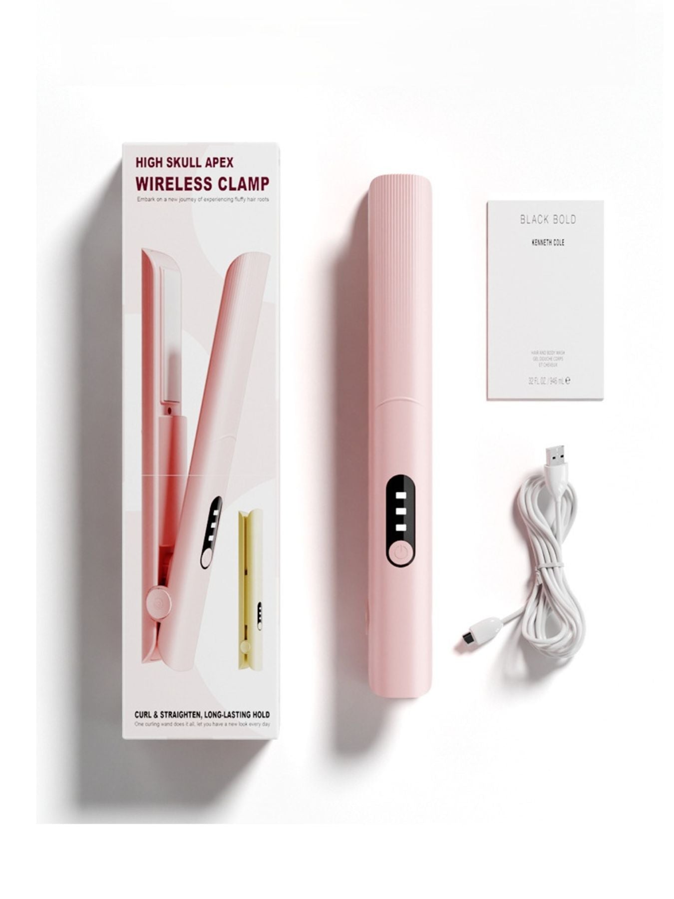 Pink rechargeable hair straightener by Trendsi with ceramic plates, lightweight and portable for styling on the go.