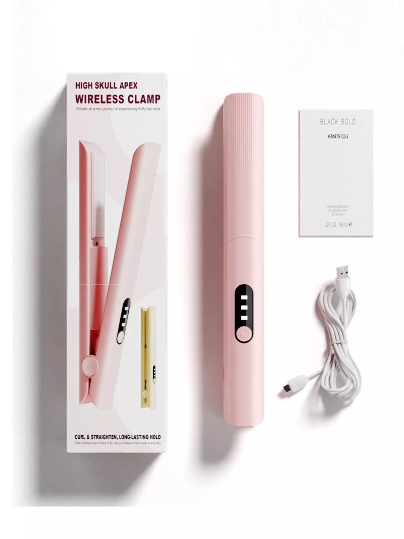 Pink rechargeable hair straightener by Trendsi with ceramic plates, compact and portable for sleek, straight hair on the go.