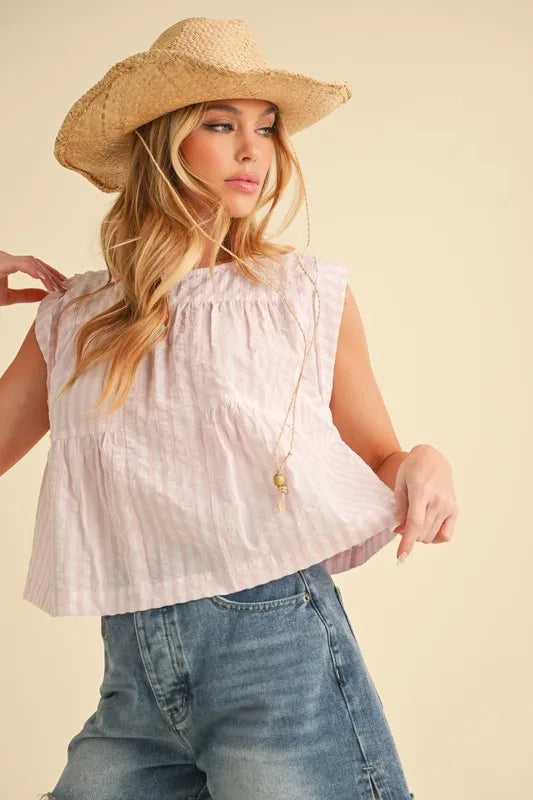 Pink Aemi+Co ruched striped sleeveless top with a round neck, designed by Trendsi, featuring a stylish and comfortable fit.