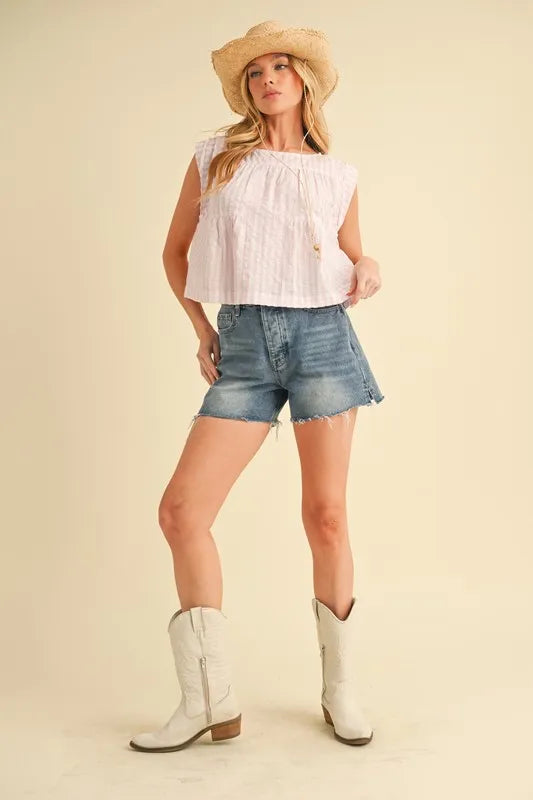 Pink Aemi+Co ruched striped sleeveless top with a round neckline, featuring a trendy, fitted design perfect for casual wear.
