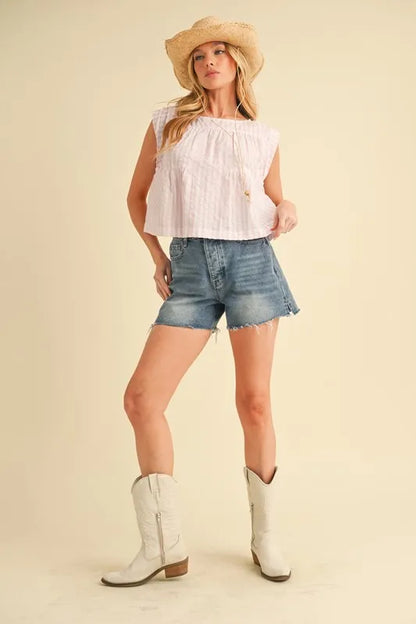 Pink Aemi+Co ruched striped sleeveless top with a round neckline, featuring a trendy, fitted design perfect for casual wear.
