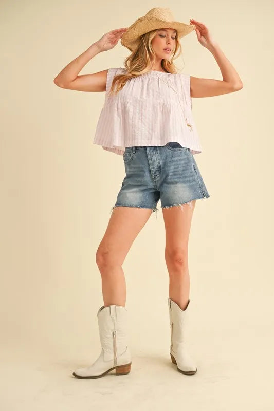 Pink Aemi+Co ruched striped sleeveless top with a round neck, perfect for casual summer wear.