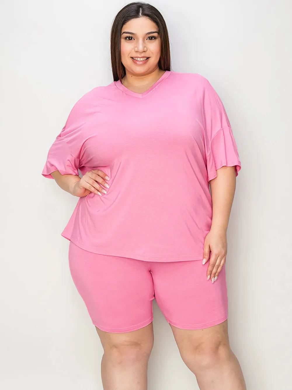 Pink Trendsi Basic Bae full-size V-neck drop shoulder T-shirt and shorts set, casual and comfortable laid-back style.