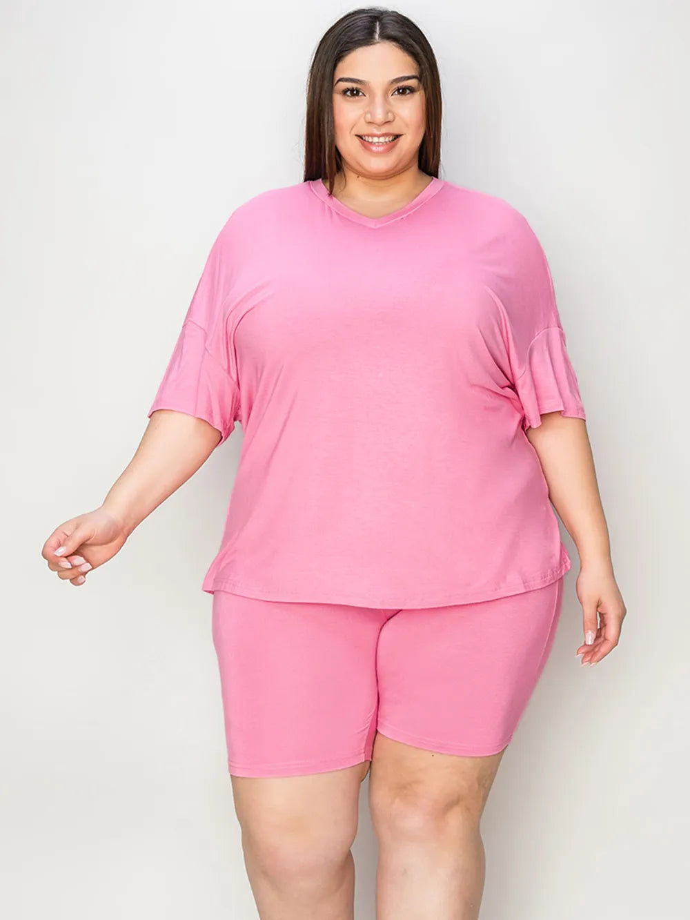 Pink basic Bae full-size V-neck drop shoulder t-shirt and shorts set by Trendsi, casual loungewear ensemble.