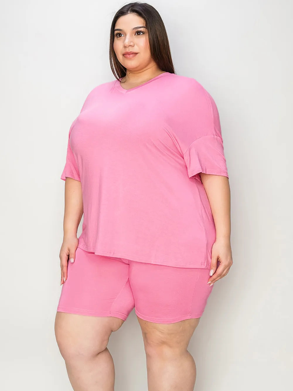 Pink Trendsi Basic Bae full-size V-neck drop shoulder T-shirt and shorts set, casual loungewear with relaxed fit and soft fabric.