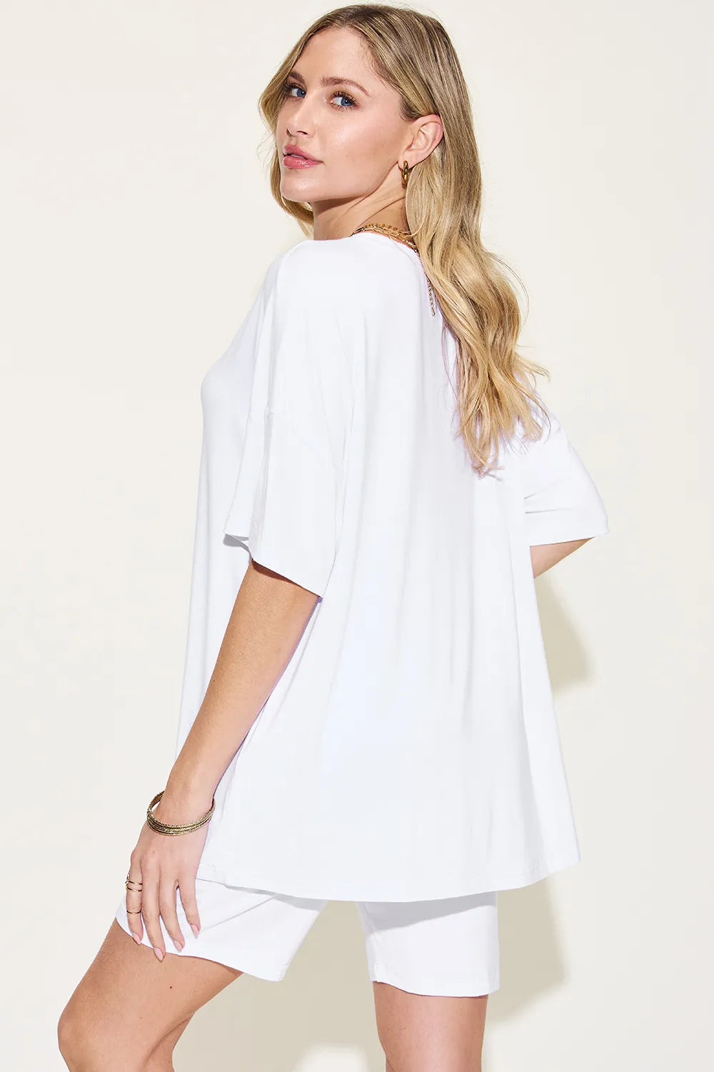 Pink Trendsi Basic Bae V-neck drop shoulder T-shirt and shorts set, casual summer loungewear for women.