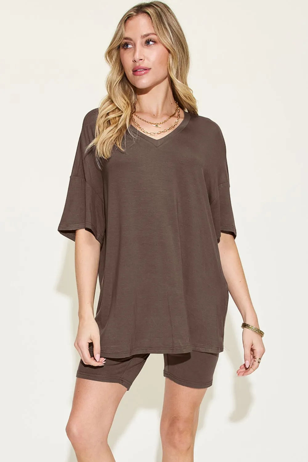 Pink basic Bae full-size V-neck drop shoulder T-shirt and shorts set by Trendsi, casual and comfortable loungewear.