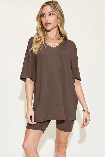 Pink basic Bae full-size V-neck drop shoulder T-shirt and shorts set by Trendsi, casual and comfortable loungewear.