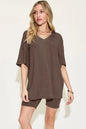 Pink basic Bae full-size V-neck drop shoulder T-shirt and shorts set by Trendsi, casual and comfortable loungewear.