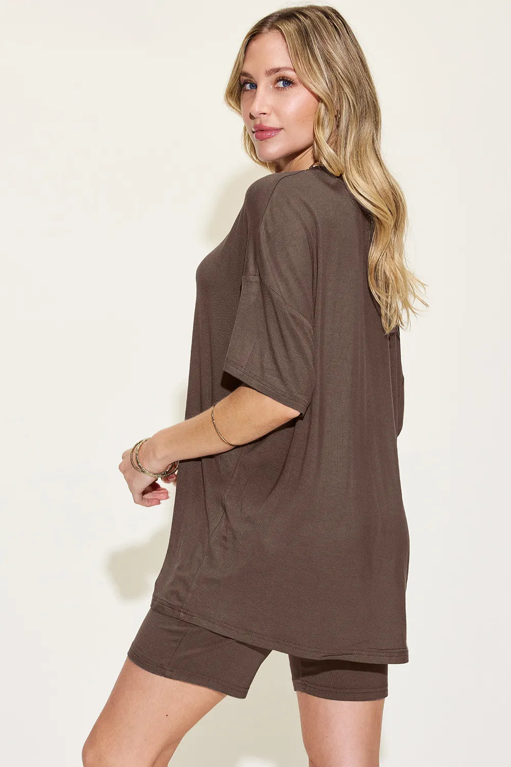 Pink Basic Bae full-size V-neck drop shoulder T-shirt and shorts set by Trendsi, casual loungewear look.