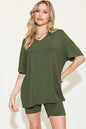 Pink Trendsi Basic Bae V-neck drop shoulder T-shirt and shorts set, casual full-size loungewear for women.