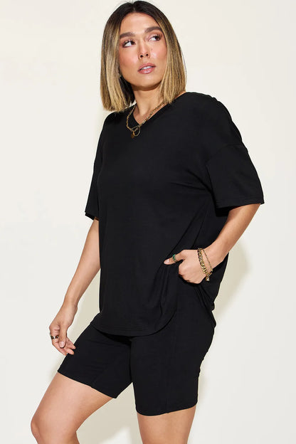 Pink Trendsi Basic Bae V-neck drop shoulder T-shirt and shorts set, full size, casual and comfortable for everyday wear.