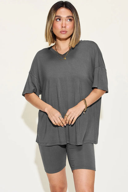 Pink Trendsi Basic Bae full-size V-neck drop shoulder T-shirt and shorts set, casual and comfortable loungewear ensemble.