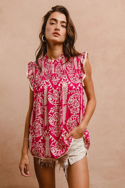 Pink BiBi printed ruffle sleeve top by Trendsi, featuring a stylish design with ruffled sleeves and vibrant pattern.