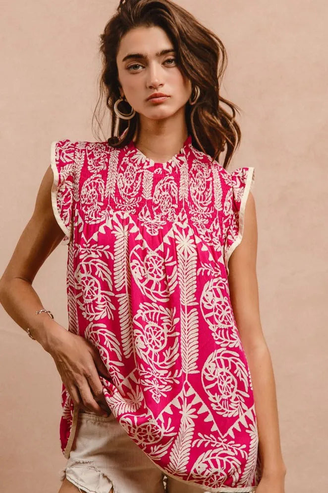 Pink BiBi printed ruffle sleeve top by Trendsi featuring a stylish ruffle detail and floral print on lightweight fabric.